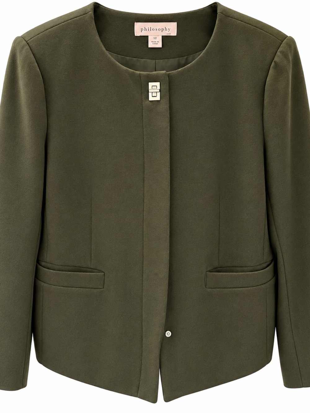 Philosophy Olive Green Collarless Hook-Front Jacket
